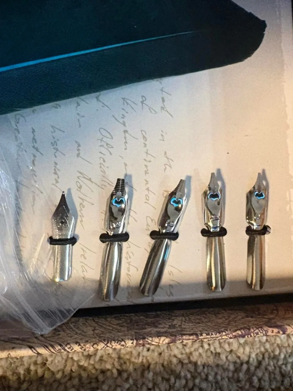 Teal Feather Quill Pen with Ornate Brass Holder - Elegant Writing Set